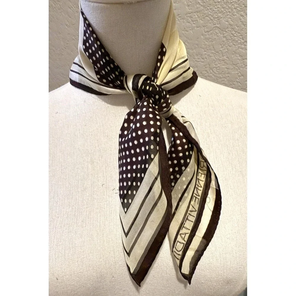 Adrienne Vittadini Silk Scarf Brown Polka Dot Cream Stripe Geometric Square